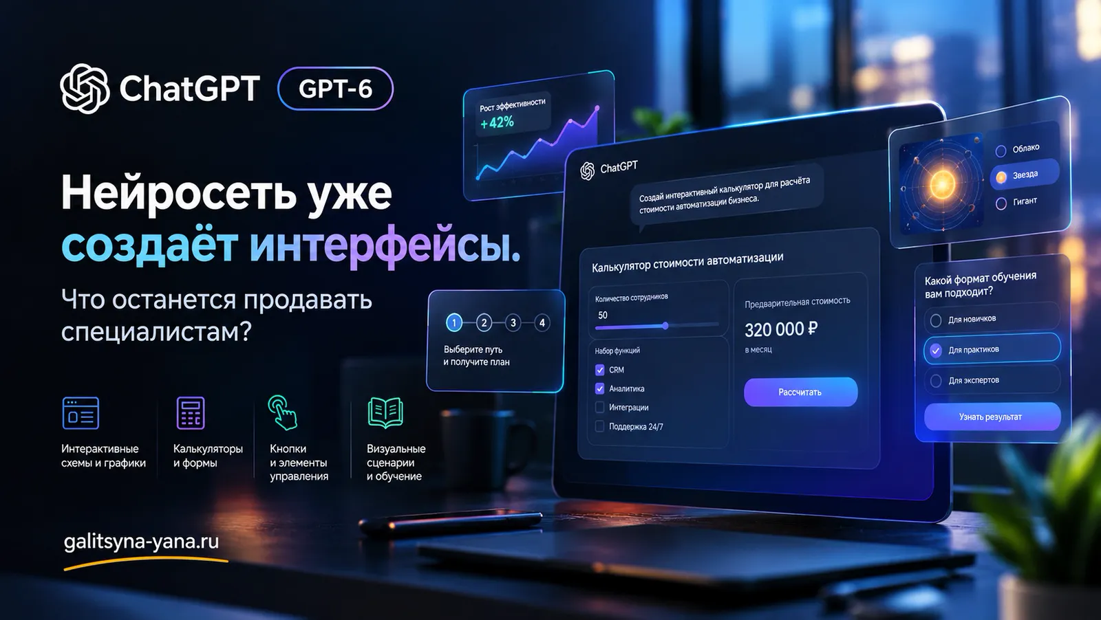 Иллюстрация: ChatGPT с GPT-6 показывает интерактивный калькулятор стоимости автоматизации, диаграмму и форму выбора